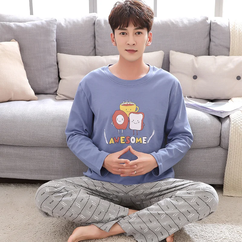 Men Pajamas Sets Long Sleeve Comfortable Men's Sleepwear Round Neck