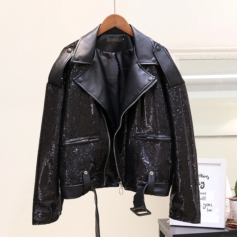 

Sequins Turn-down Collar Leather Jacket Fashion Spliced PU Jacket Coat Female Loose Short Black PU Bomber Jacket Women Outwear