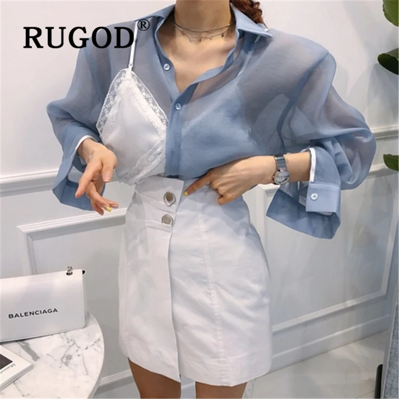 

RUGOD Sexy chiffon transparent women blouse Fashion two pieces spaghetti strap patchwork ladies shirts Elegant long sleeve shirt