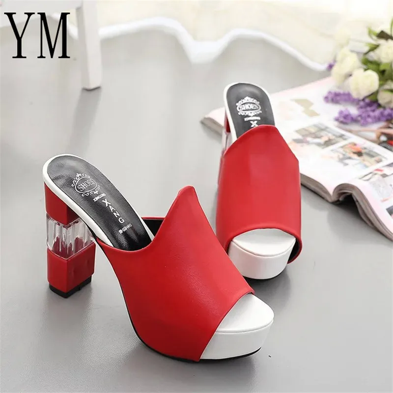 018 Sexy Summer Women Elegant Red High Heel Sandals Peep Toe Platform Shoes Crystal Chunky Heel Shoes Lady Thick Heel Fashion 40