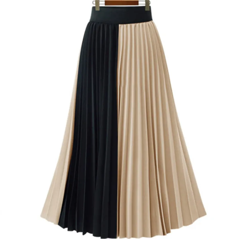 Elastic High Waist Midi Skirt Female Hit Colors Patchwork Chiffon Loose Big Size Casual Summer Autumn Skirts Fashion New - Цвет: Apricot