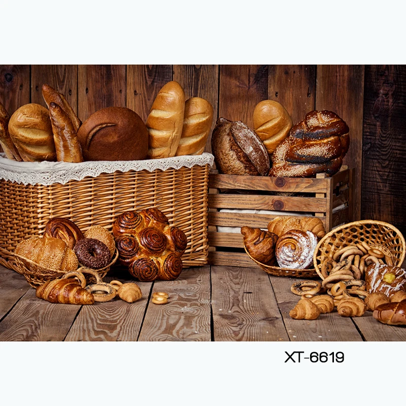 HUAYI custom Child photography backdrop with caramel bread delicious-baked crisp-tasty-bread on wooden board brown background