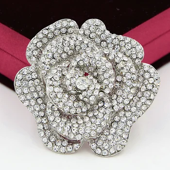

2.4 Inch Large Vintage Silver Tone Diamante Crystals Rose Brooch Luxury Design Wedding Broaches Hot Selling Elegant Wedding Pin