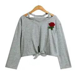 Осенняя роза Вышивка Толстовка Для женщин v-образным вырезом с длинным рукавом Повседневное свободные Пуловеры для женщин Топы