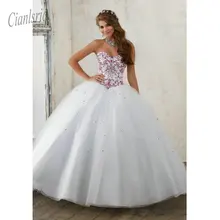 С кристаллами для платья для выпускного Белое Бальное Платье без рукавов на шнуровке торжественное платье vestidos de 15 anos милое выпускное платье