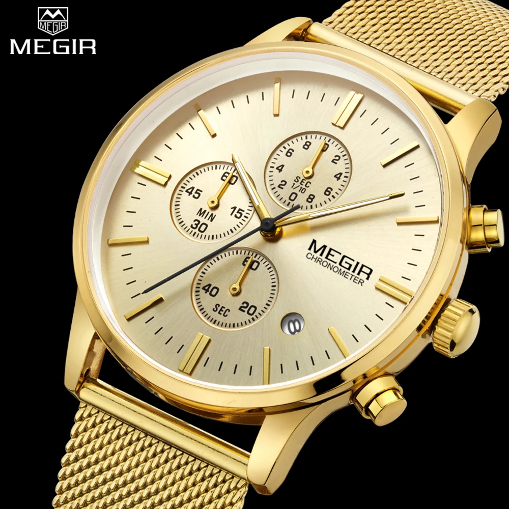 MEGIR Chronograph Mens Quartz Watch Stainless Steel Mesh Band Gold Watches Slim Men Watches Multi function