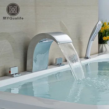 

Brass Square Handle Bathroom Bathtub Faucet Deck Mount 5 Holes Bath Mixer Taps with Handheld Shower