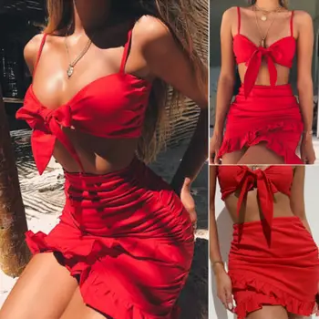 

Women 2 Piece Bodycon Two Piece Crop Top and Skirt Set Bandage Dress Party