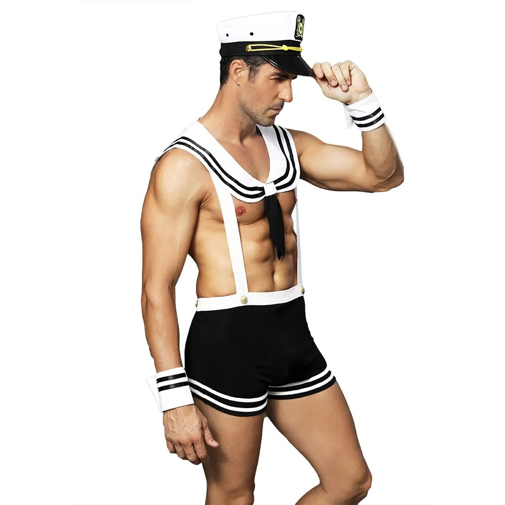 MQUPIN 3 шт. мужской костюм моряка сексуальный горячий гей Клубная одежда экзотическое белье с комбинезон шляпа браслет ролевые игры нижнее белье
