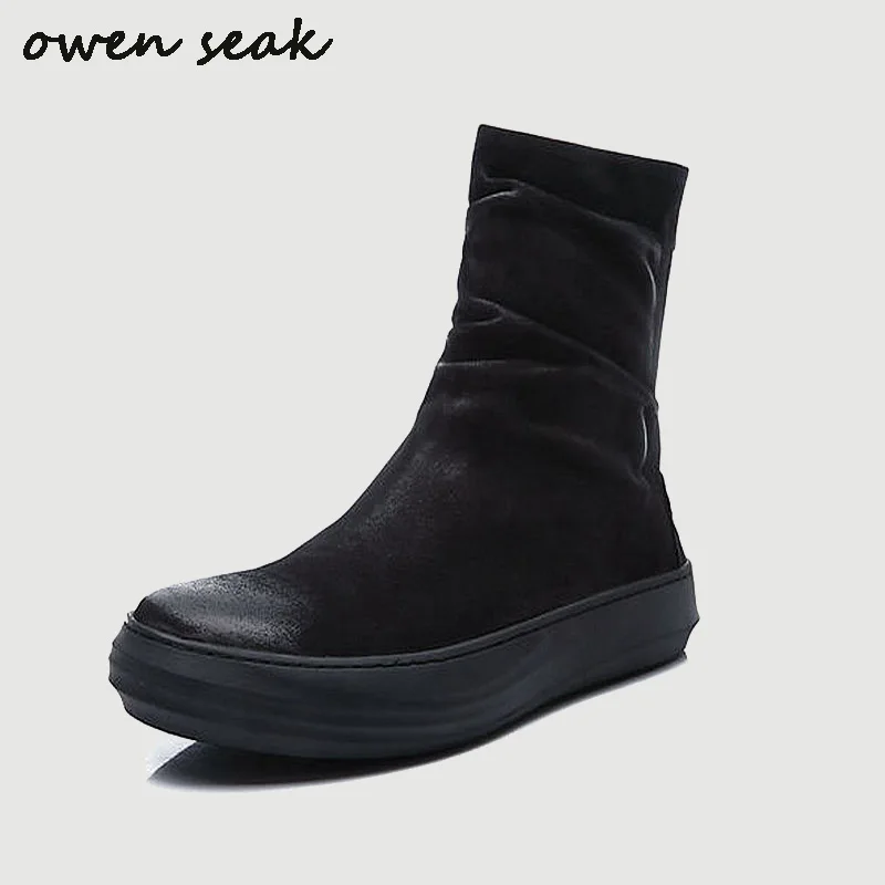 

2018 Owen Seak Men Martin Shoes Genuine Leather Zip Ankle High Top Luxury Trainers Winter Snow Boots Casual Flats Black Shoes
