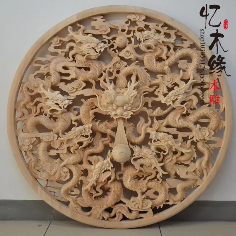 Dongyang wood carving 1.2 meters round figure Home Furnishing jewelry pendant Kowloon Feng Shui