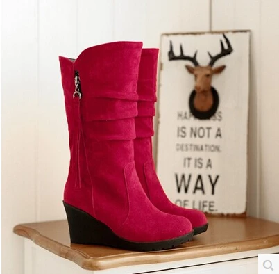 

Big size 34-43 high quality hot new arrival women mid calf female wedges boots red color slip on PU leather autumn Spring boots