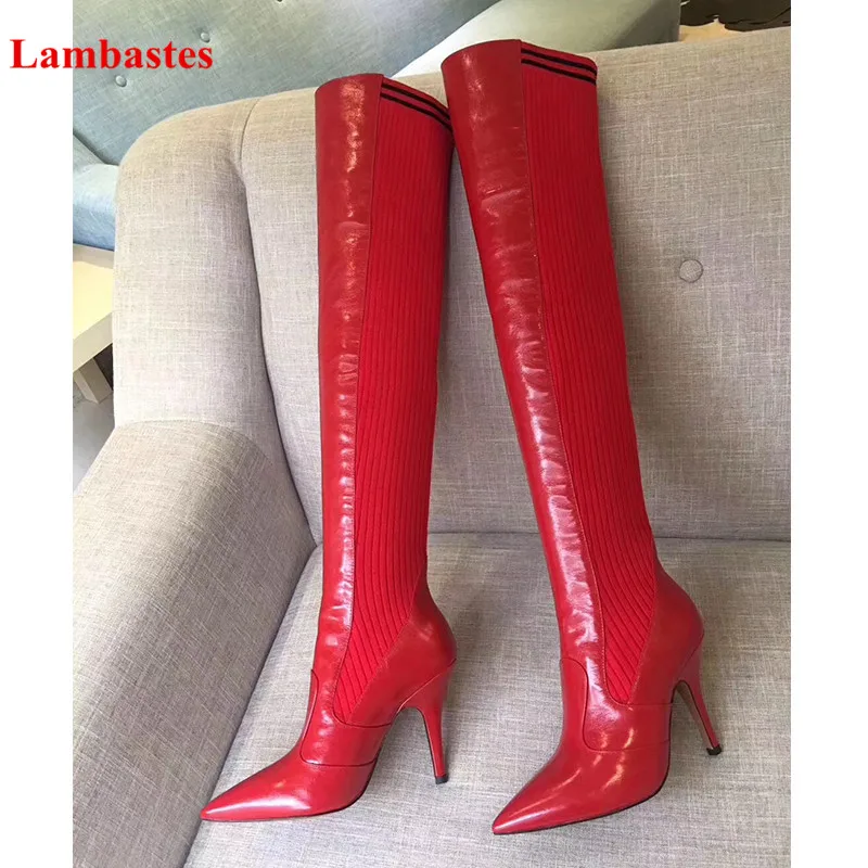 

2018 Winter Boots Women Red Patchwork Designer Stretch Over-the-knee Women Boots Slip On Thin Heel Shoes Women Botas Femininas