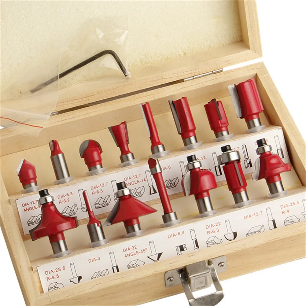 15Pcs 1/4" Professional Shank Carbide Model Router Bit Set Wood Case