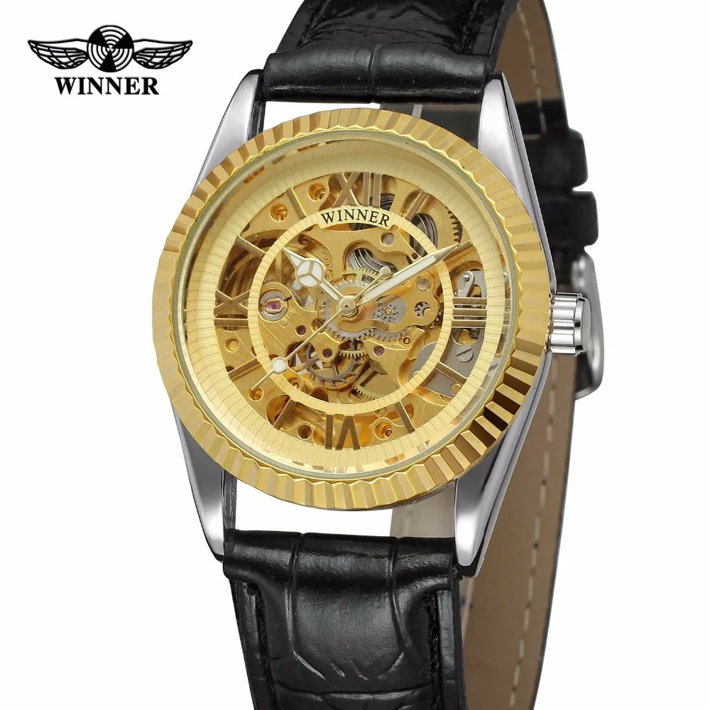 

WINNER Luxury Men Golden Skeleton Automatic Mechanical Watch Leather Strap Gear Shape Roman Number Top Brand Design Wristwatch