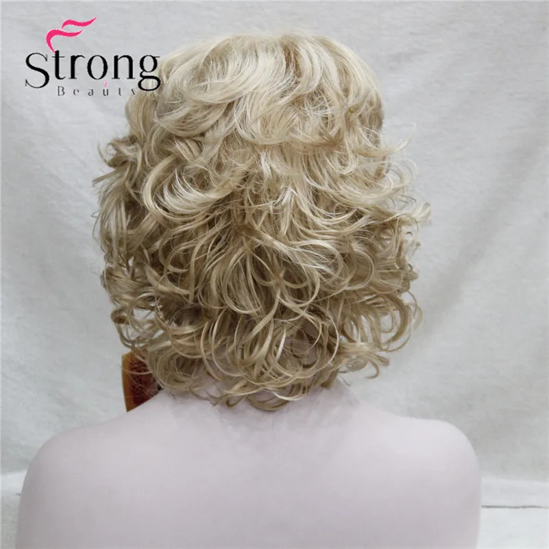 E-1560A #24H613 New Elegant Golden Blonde Mix Blonde Curly Short Synthetic Hair Full Women's Wig (3)