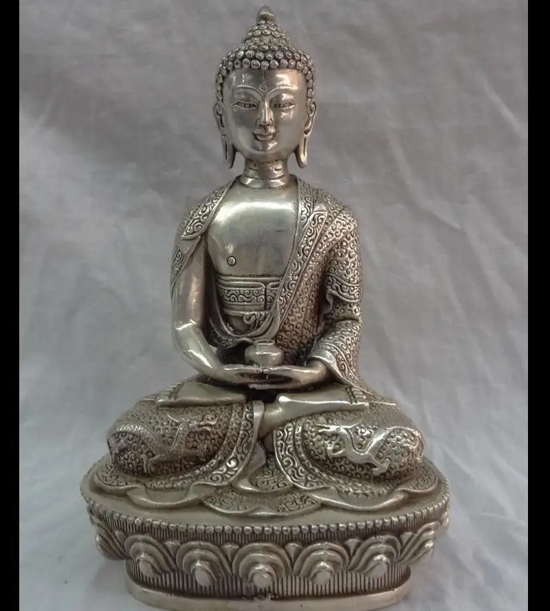 

Free Shipping zhmeru00454@8" Tibet Silver Dragon Head Sakyamuni Joss Shakyamuni Buddha Bowl Brass Statue