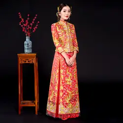 Винтаж вышитые Феникс Cheongsam современные китайские традиционные свадебное платье Для женщин Vestido Oriental воротники элегантные длинные QiPao