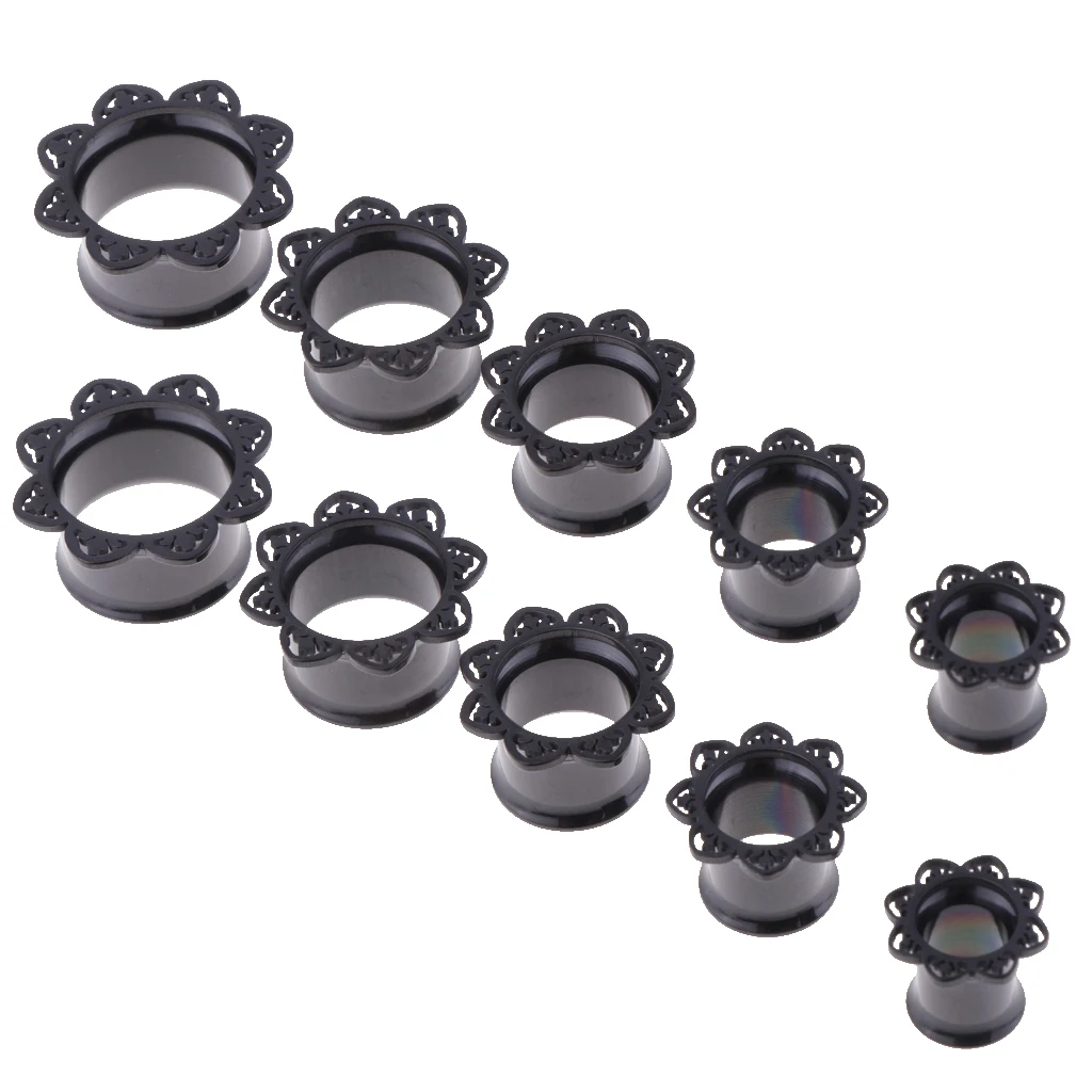 2Pieces Black Flower Stainless Ear Flesh Tunnels Flared Earrings Gauges 8mm