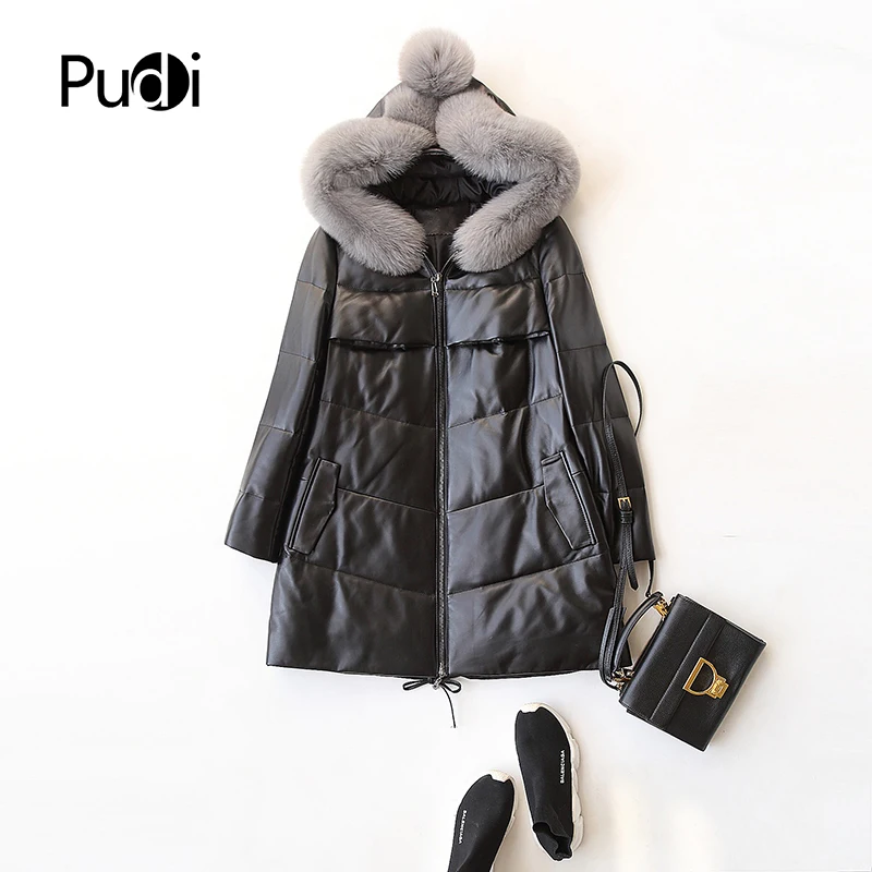

PUDI A27554 2018 New Fashion fall/winter coat Genuine leather coat with fox fur hood lady Leisure Motorcycle Jacket