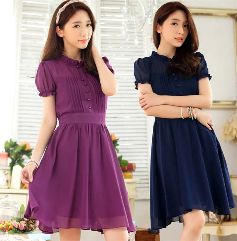 M~3XL Plus Size Summer Women Korean Fashion Stand Ruffles Dress Ladies ...