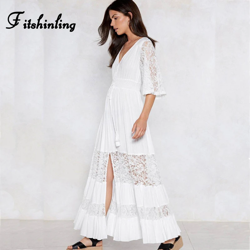 

Fitshinling Patchwork lace white long dress bohemian v neck tassel slit sexy hot maxi dresses for women 2018 A line pareos sale