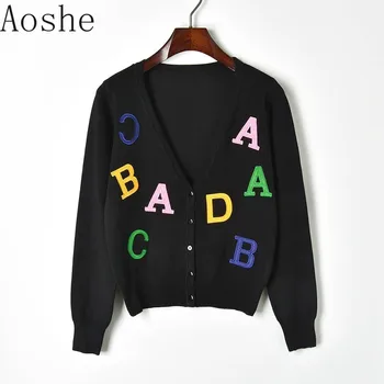 

Women Sweater 2019 New Fashion Spring New Coloured English Letter V-neck Knitted Sweaters