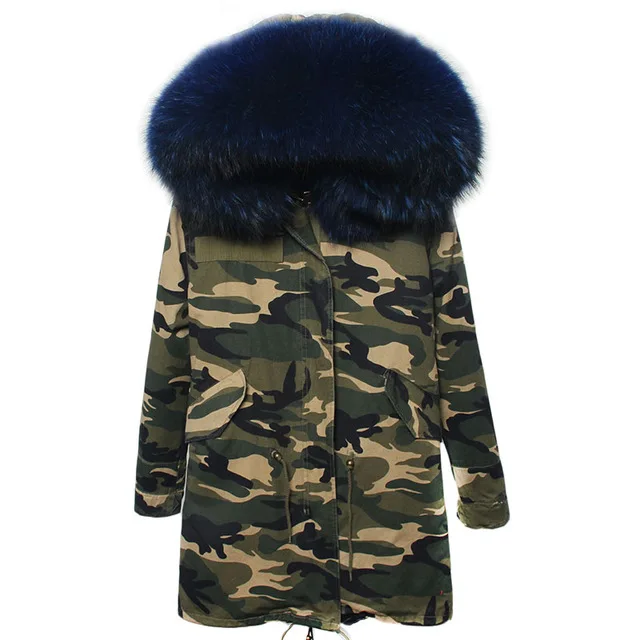 Мех Любовь Женщины Зима Camo Parka большой енота меховым воротником куртка с капюшоном Верхняя одежда 2 в 1 съемная подкладка зимняя куртка фирменный стиль - Цвет: color 4