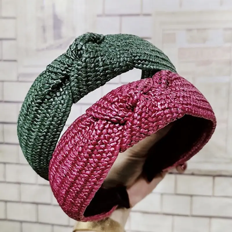 Корейская винтажная плетеная повязка ручной работы из искусственной соломы, Женский однотонный широкий обруч для волос с бантом ручной работы, аксессуар для укладки волос