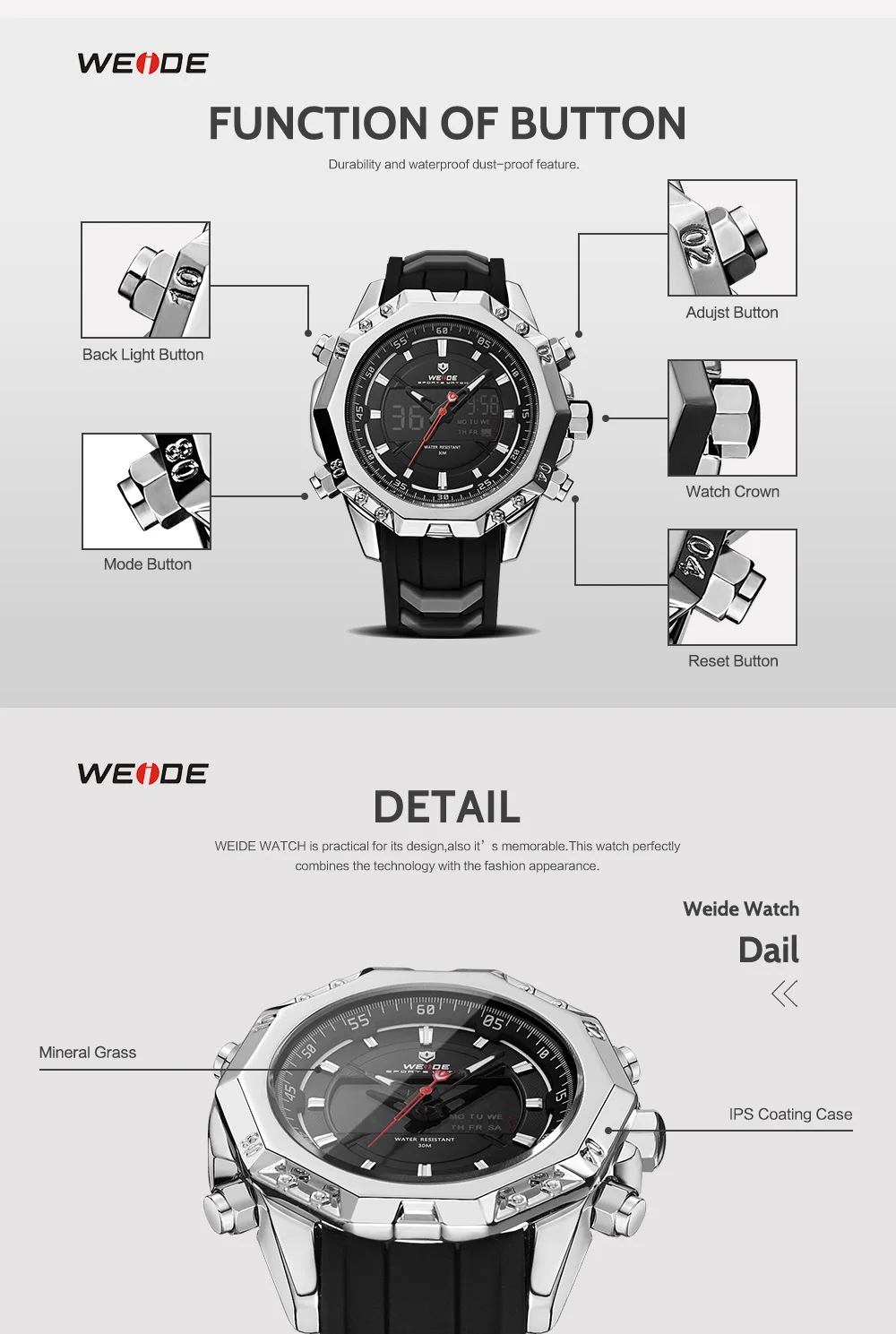 WEIDE мужские кварцевые часы Лидирующий бренд роскошные часы с будильником Schocker водонепроницаемые спортивные наручные часы Аналоговые Цифровые Автоматические часы 6406