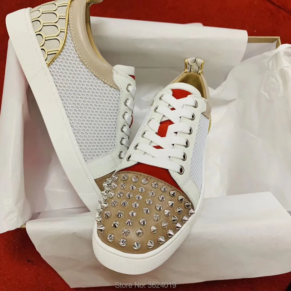 

Low Cut cl andgz White Net Leather Lace up silver Rivet Graffiti heel Red bottom Shoes For Men flat Sneakers Loafers Footwear
