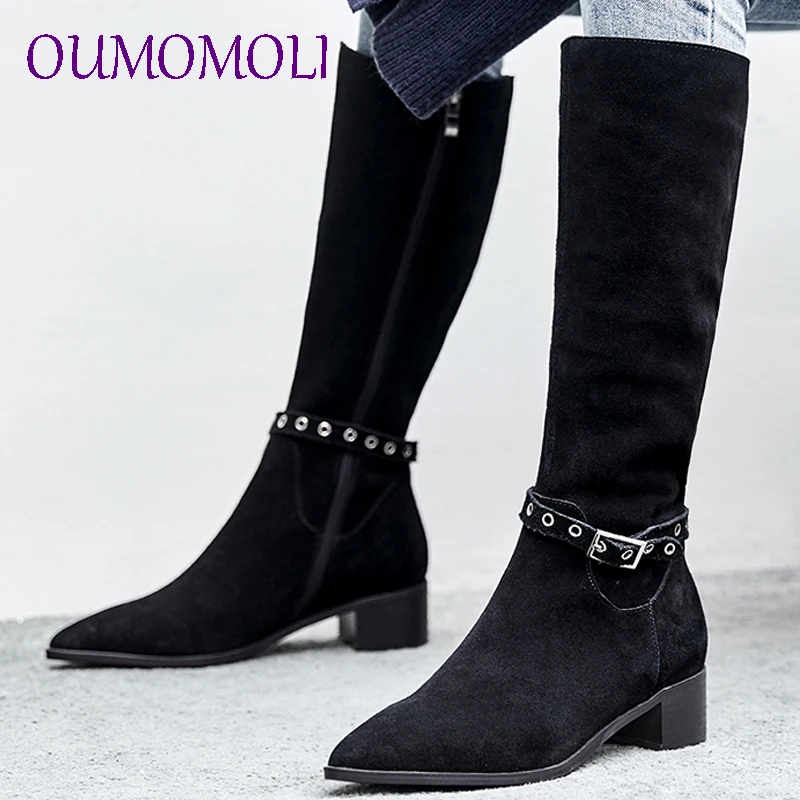 

2019New Black Med Heels 4.5cm Belt Buckle Round Toe Shoes Woman Cow Suede Casual Winter Mid Boots Large Size 34-43 y538
