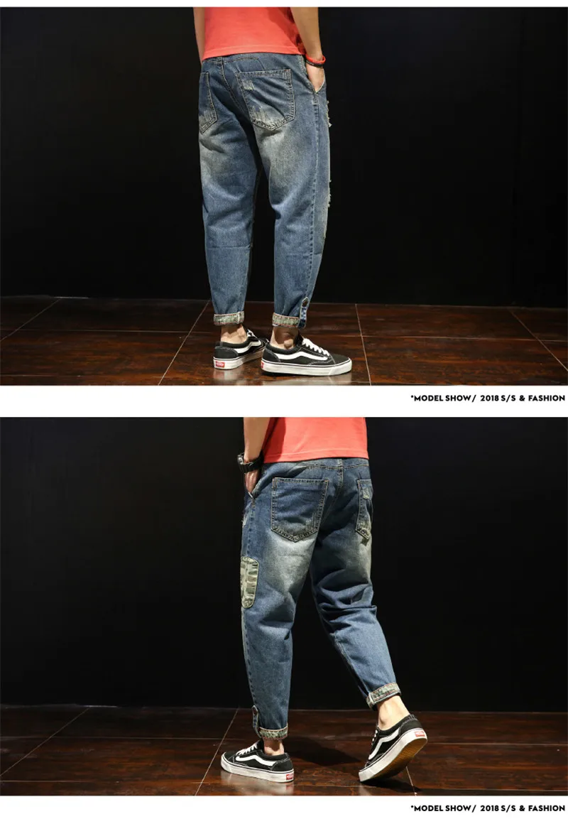 Fashion Patchwork Ripped Men\'s Jeans Boys Loose Casual Holes Ankle-Length Harem Pants Jeans Trousers Large Size (9)
