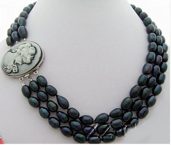 

3Strds 10x8mm Black Pearl Necklace>Lovely Women's Wedding Jewelry Pretty