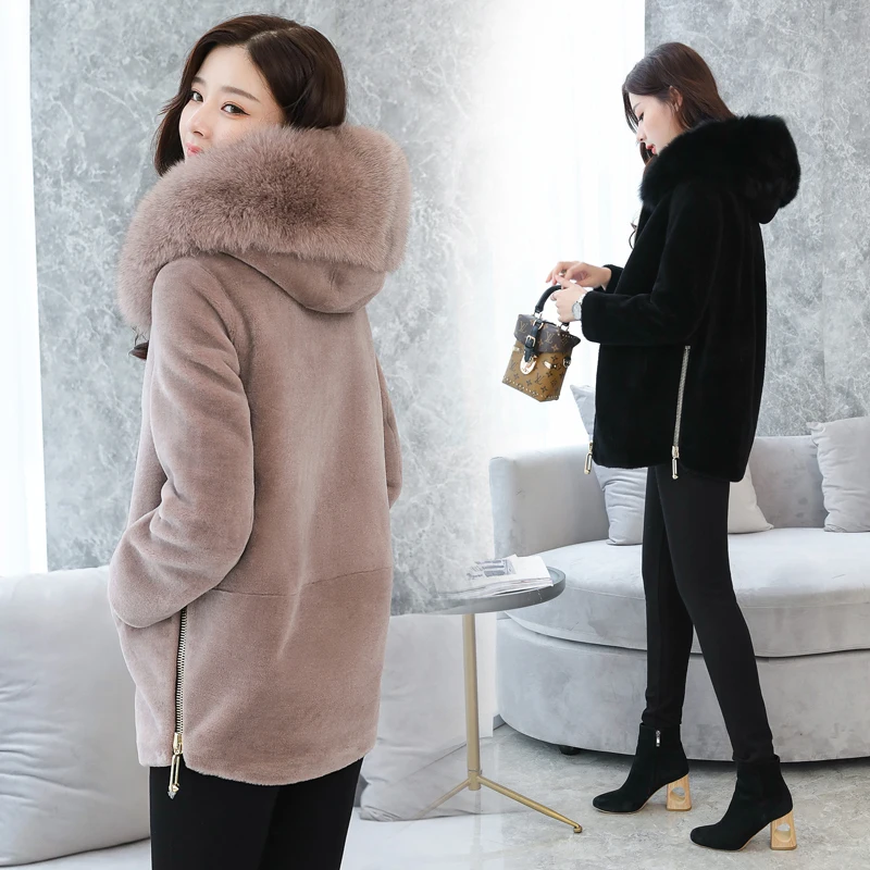 Femelle Nouveau À noir 2018 kaki Mélanges Manteau Survêtement De Automne Blanc Femmes Chenille En Veste Fourrure D'hiver Chaud Fausse Col Mode Laine Épaissir Capuchon RrORw