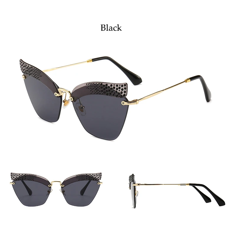 Черные солнцезащитные очки кошачий глаз без оправы, женские модные роскошные брендовые градиентные оттенки, стразы, большие солнцезащитные очки, женские металлические очки UV400