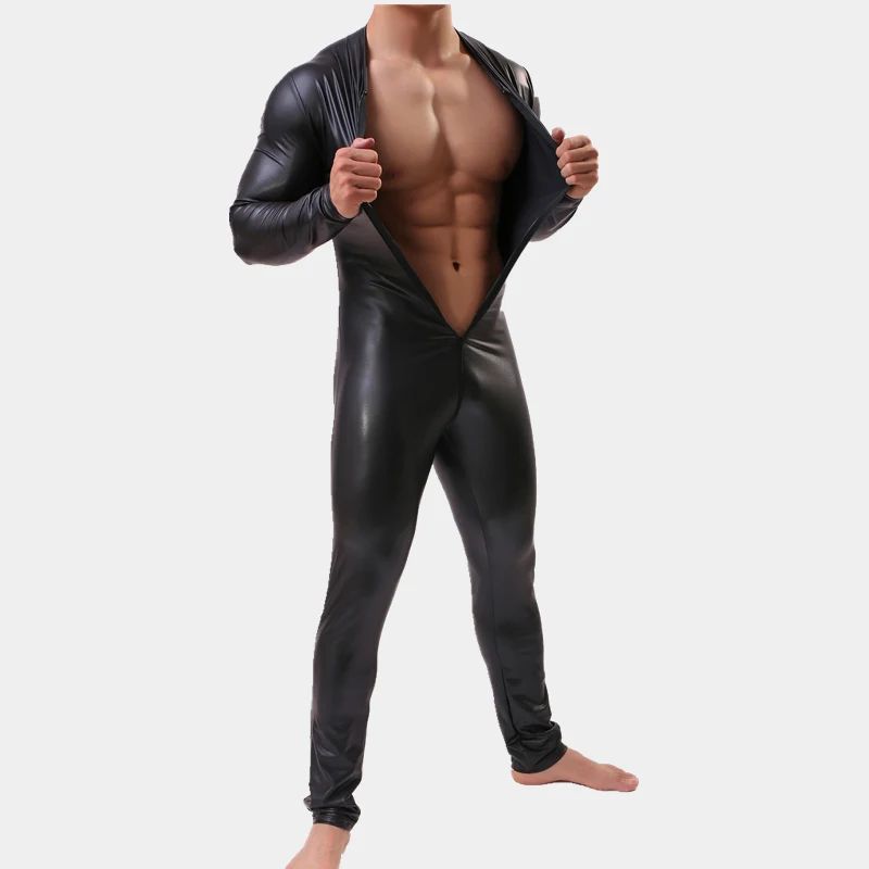Новое крутое сексуальное мужское цельное обтягивающее нижнее белье на молнии костюм кожаный костюм для бодибилдинга Боди Мужская майка Одежда для геев