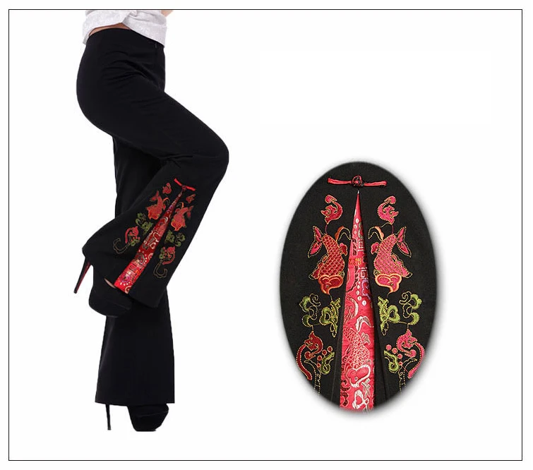 Китайские традиционные женские расклешенные брюки с цветочной вышивкой, брюки M, L, XL, XXL, 3XL, 4XL - Цвет: design 13
