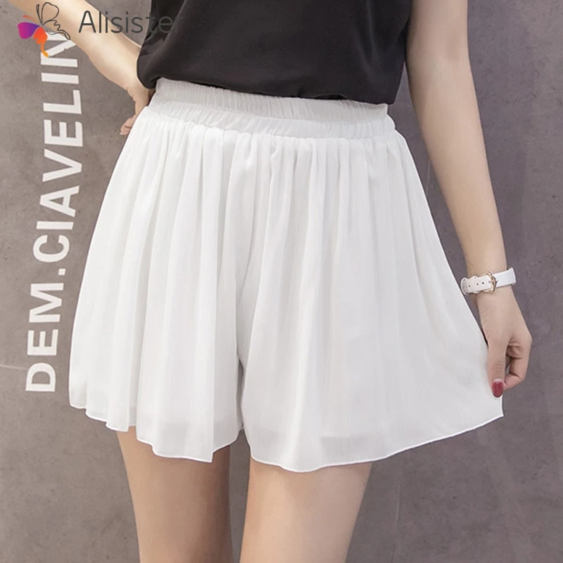 

White Elegant Chiffon Shorts Women Summer Solid Elastic Waist Loose Pleated Skirts Shorts Homme Casual Office Streetwear