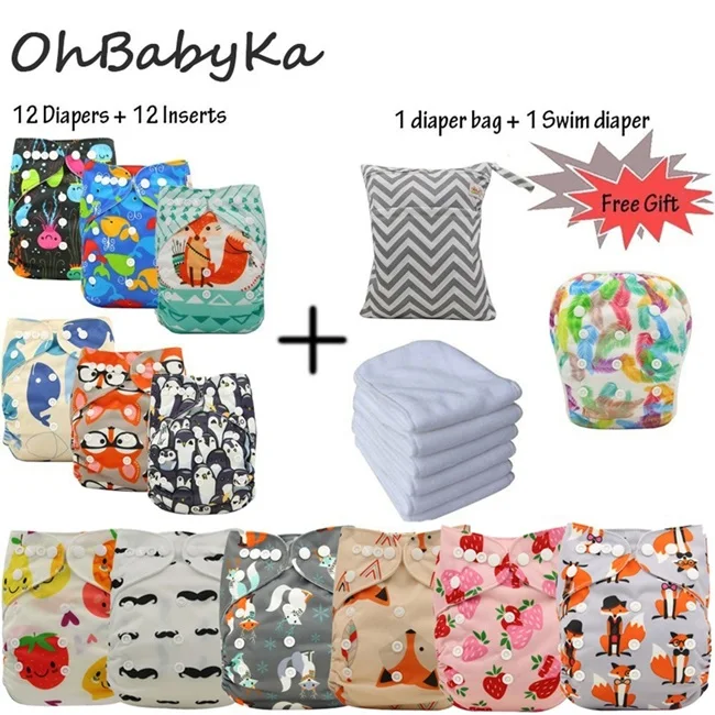 01 Ohbabyka детские тканевые подгузники 12 шт. многоразовые подгузники+ 12 шт. вставка из микрофибры+ 1 купальная пеленка+ 1 моющаяся Сумка-кушетки - Цвет: 01