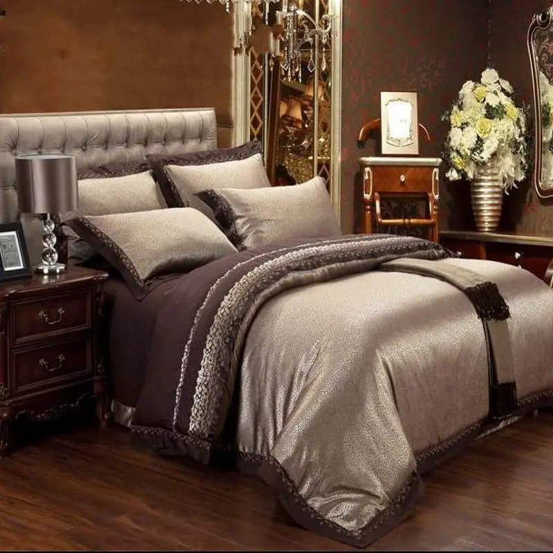 Jacquard Silk Bedclothes Bedding Set Luxury 4 6pcs Gold Satin Bed