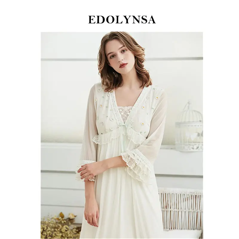 

Vintage Draped Shawl Collar Lace Flare Sleeve Lining Midi Night Dress Elegant Sleepwear Women Home Wear Silk Long Nightgown H774