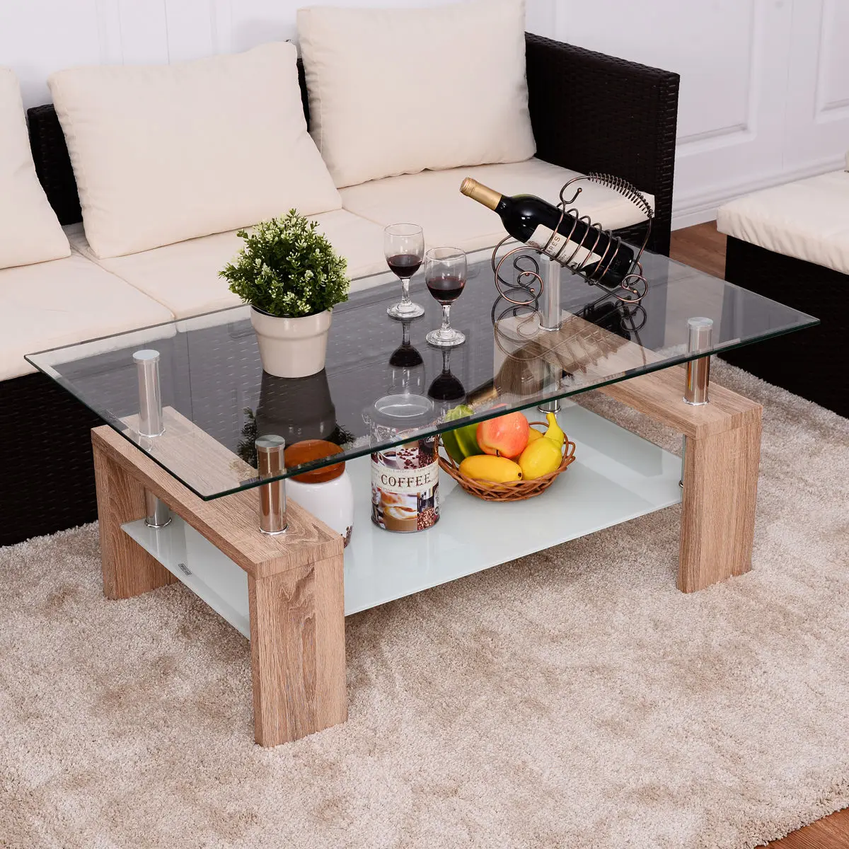 Giantex Rectangular Tempered Glass Coffee Table with Shelf Modern ...