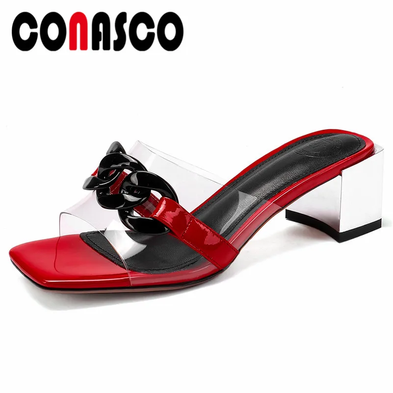

CONASCO Rome Square Toe Square Heels Concise Women Sandals Mixed Colors Genuine Leather Pu Leather Slip On Casual Shoes Woman