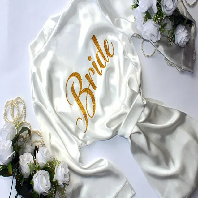 Fashion Robe Bride With Shine Gold Letter  Kimono Satin Soft Bride Robe Sexy Wedding Party Dresses Women Nightgown Lady Yukata