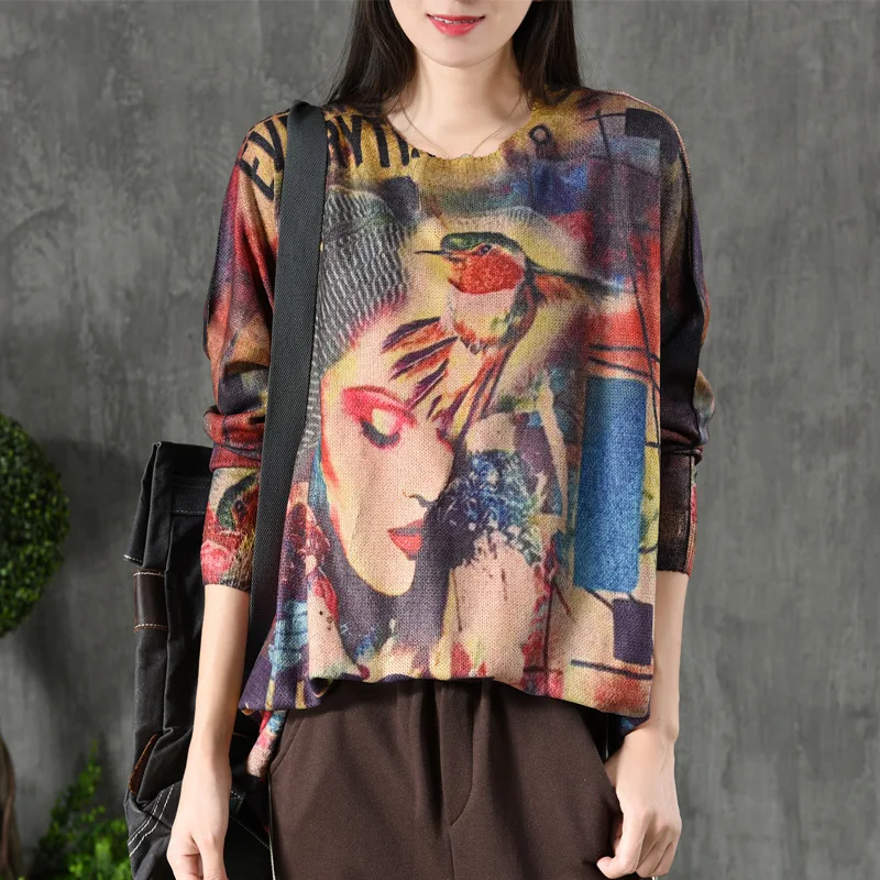 Women Autumn Retro Print O Neck Raw Edge Cotton Shirt