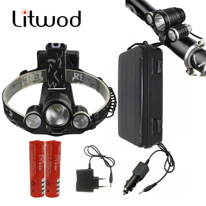 

Litwod Z30 Led Headlight Bick Headlamp Cree XM-L T6 Head lamp Frontale bicycle 2in1 night light +battery car AC charger box