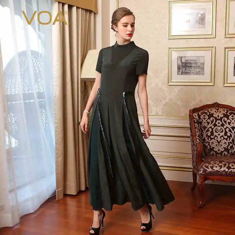 

VOA Heavy Silk Green Bohemian Women Jumpsuits Plus Size 5XL England Style Short Sleeve Wide Leg Rompers Overalls Spring K7673