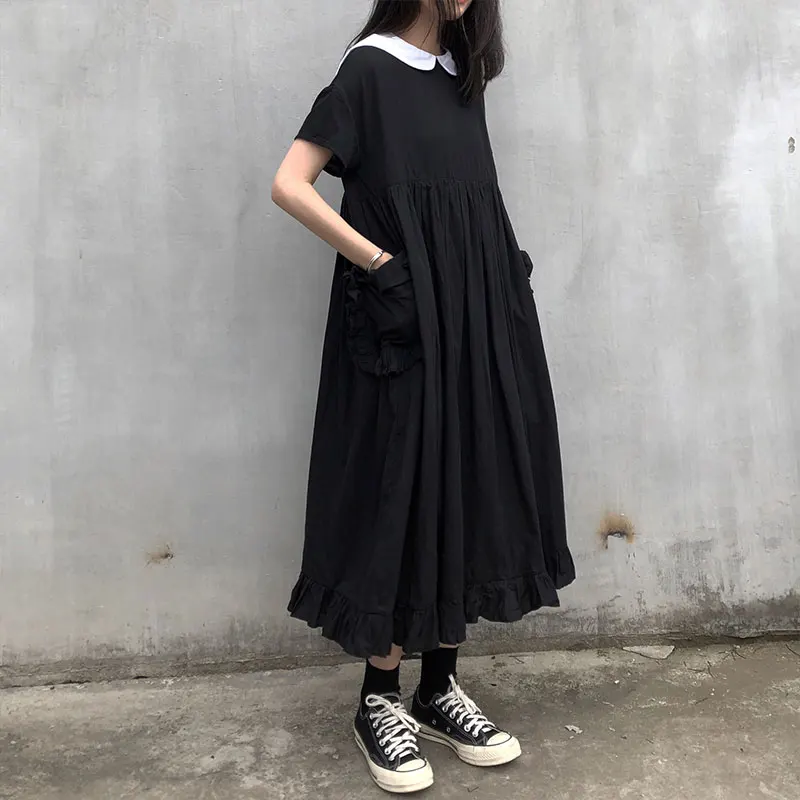 

Women's Clothing vintage Dark style loose panelled summer new korean big pockets sailor collar black long dresses gothic hot
