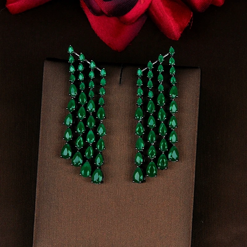 HIBRIDE Sparkling Water Drop Cubic Zirconia Tassel Earring Brincos Jewelry Green And White CZ Earrings Wholesale Price E-813 - Image 2